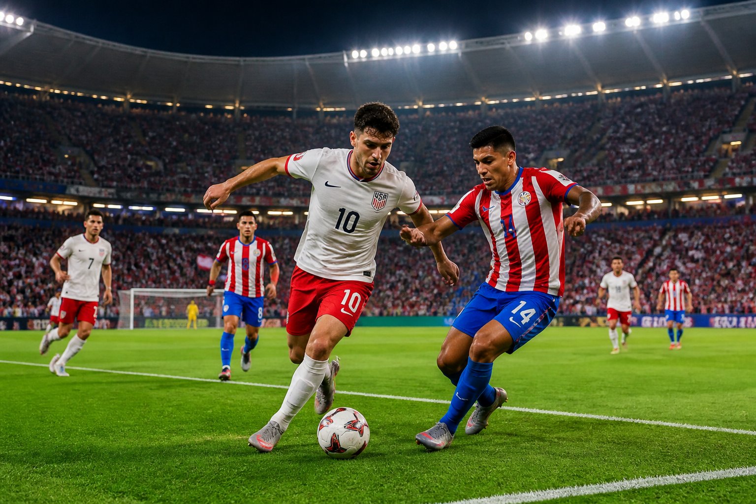 ABD ve Paraguay milli takımları arasında bir Dünya Kupası futbol maçı sırasında oyuncular sahada top için mücadele ediyor.