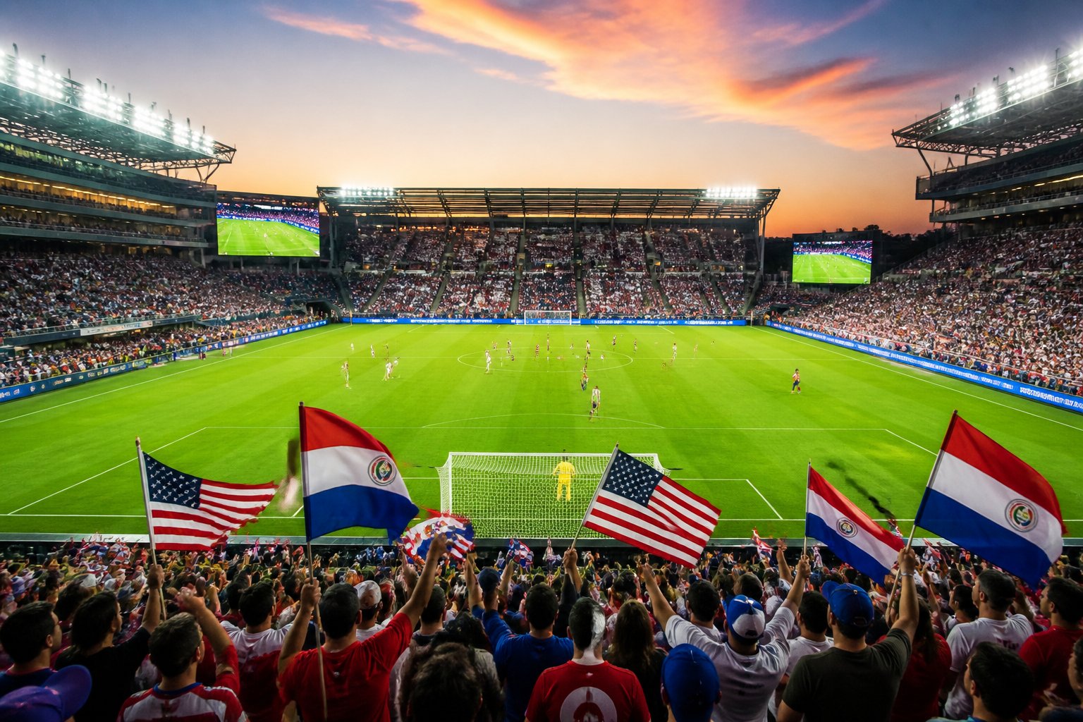 ABD ve Paraguay takımlarının maç yaptığı, dolu bir futbol stadyumu ve sahada oynayan futbolcular.