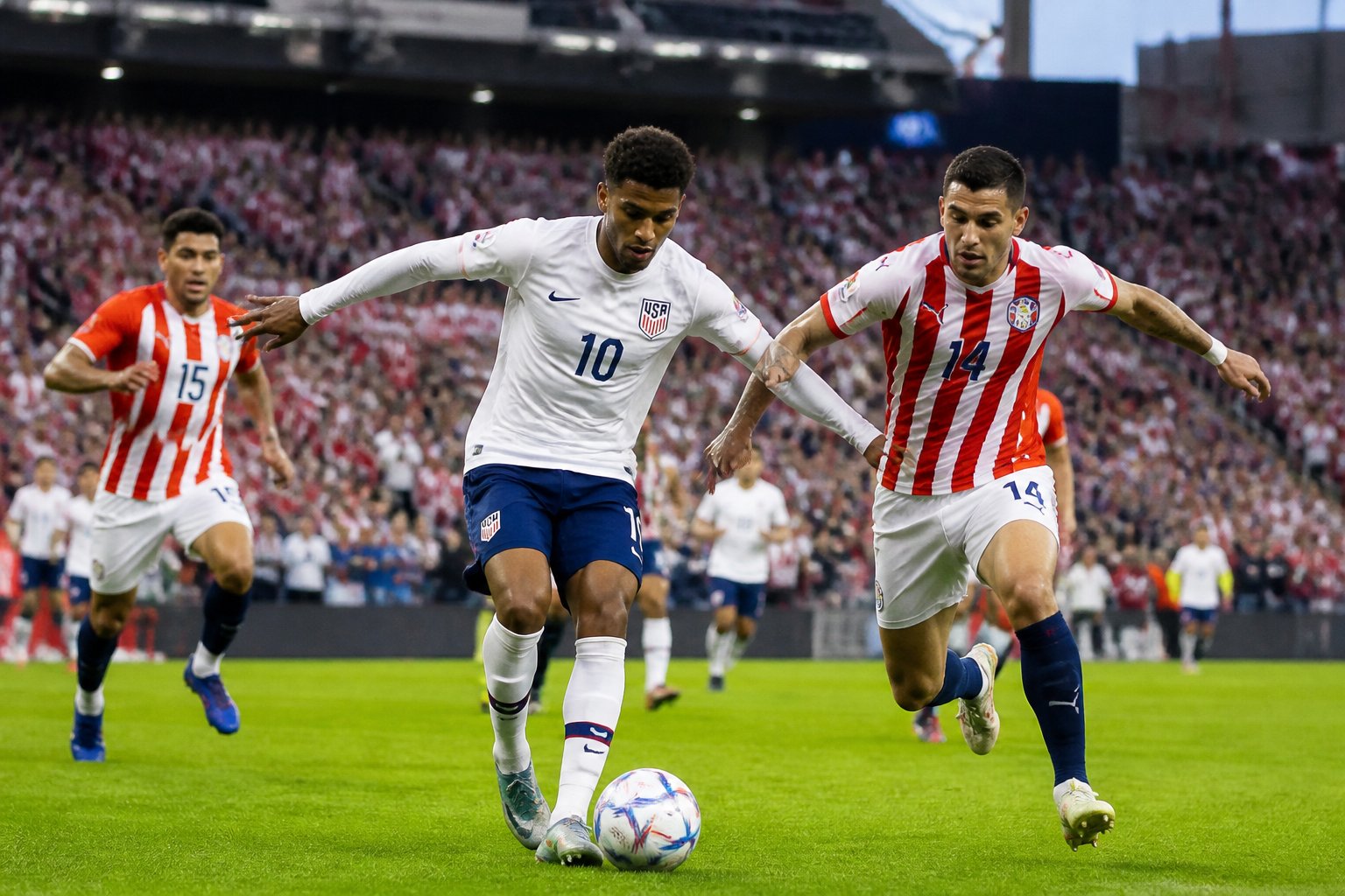 ABD ve Paraguay takımlarının Dünya Kupası maçında sahada mücadele eden futbolcuları ve dolu tribünleri gösteren bir futbol maçı sahnesi.