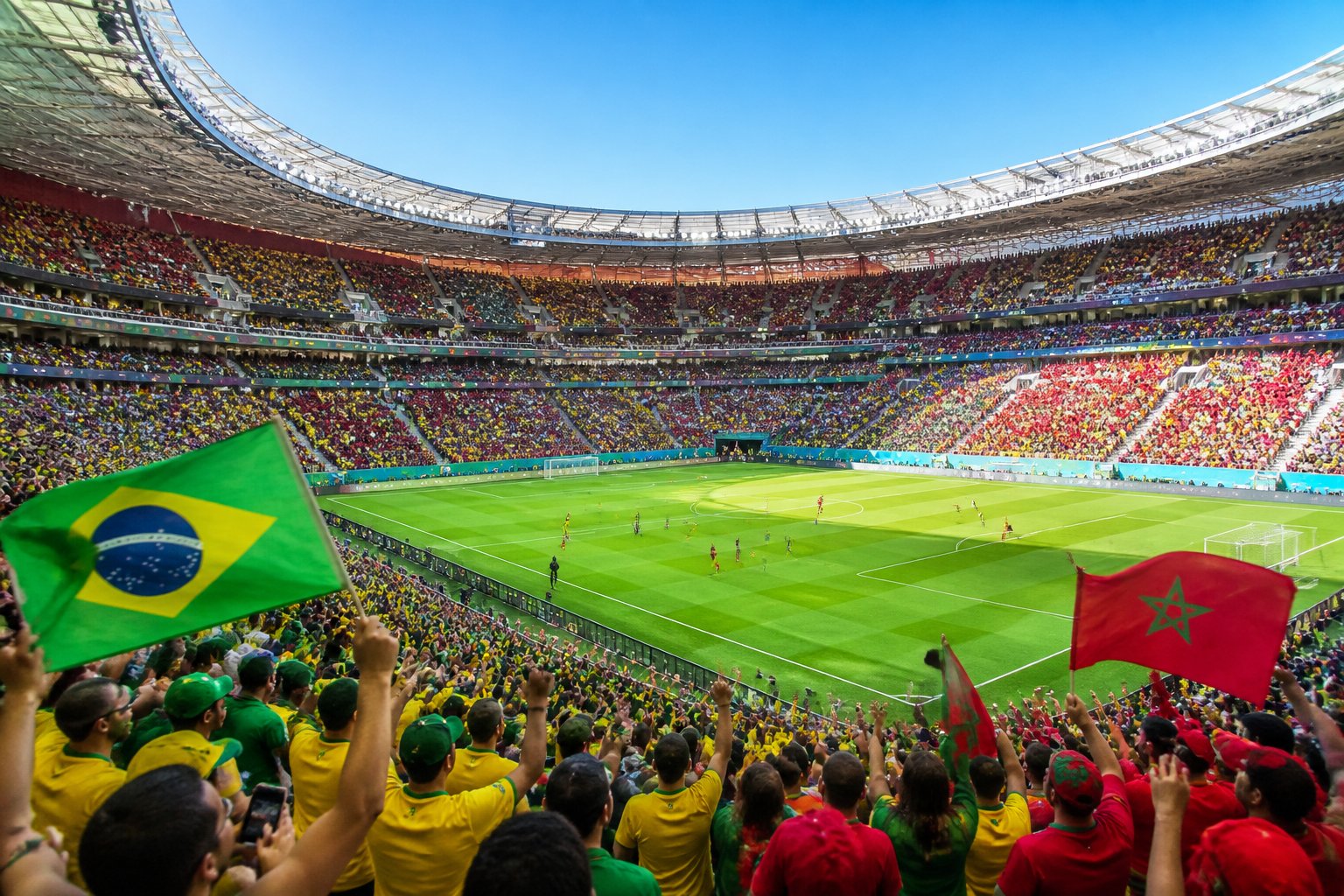 Brezilya ve Fas takımları arasında geçen bir Dünya Kupası maçında, kalabalık bir stadyumda futbol oynanıyor.
