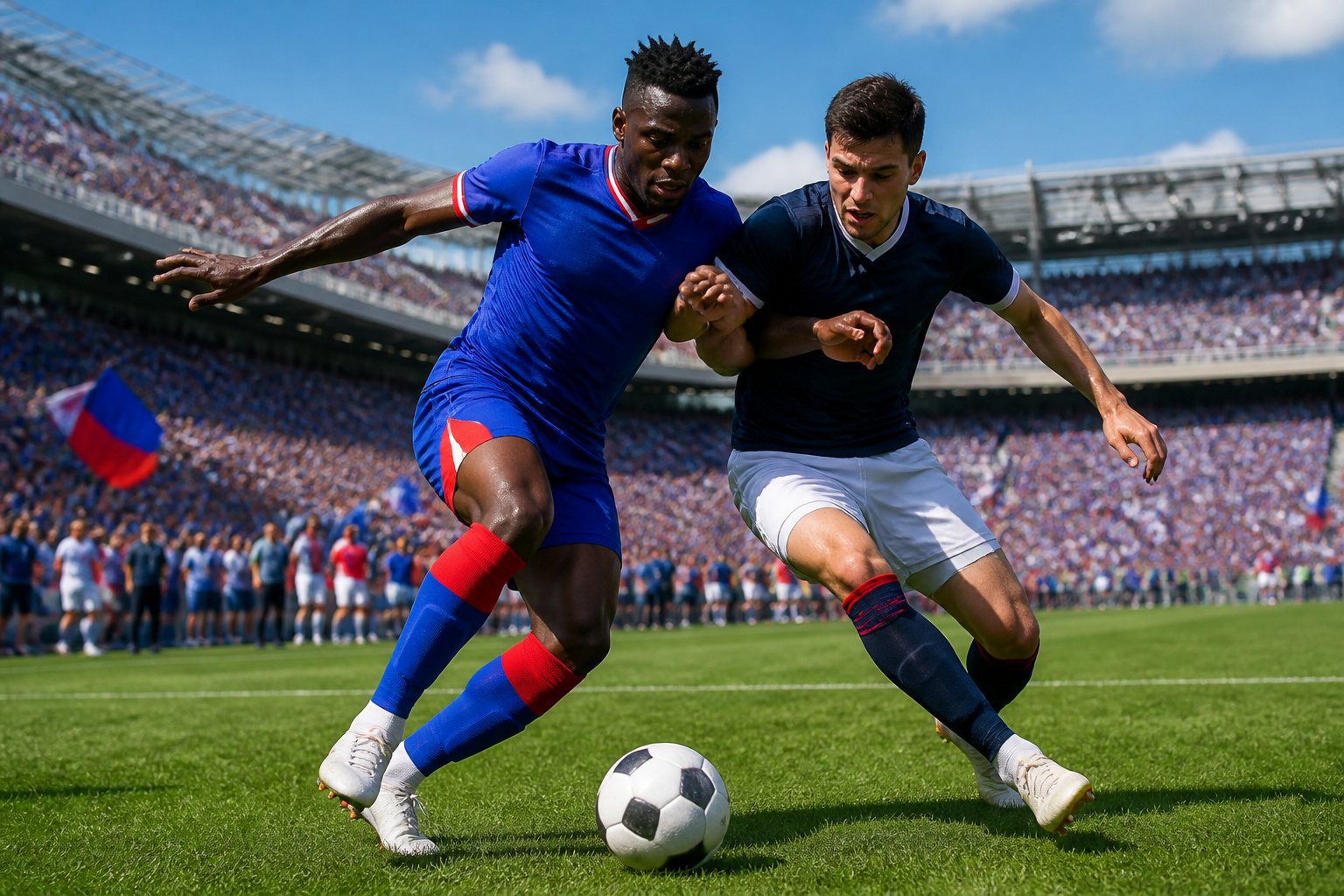 Haiti ve İskoçya arasında geçen bir Dünya Kupası futbol maçında, iki oyuncu top için mücadele ediyor.