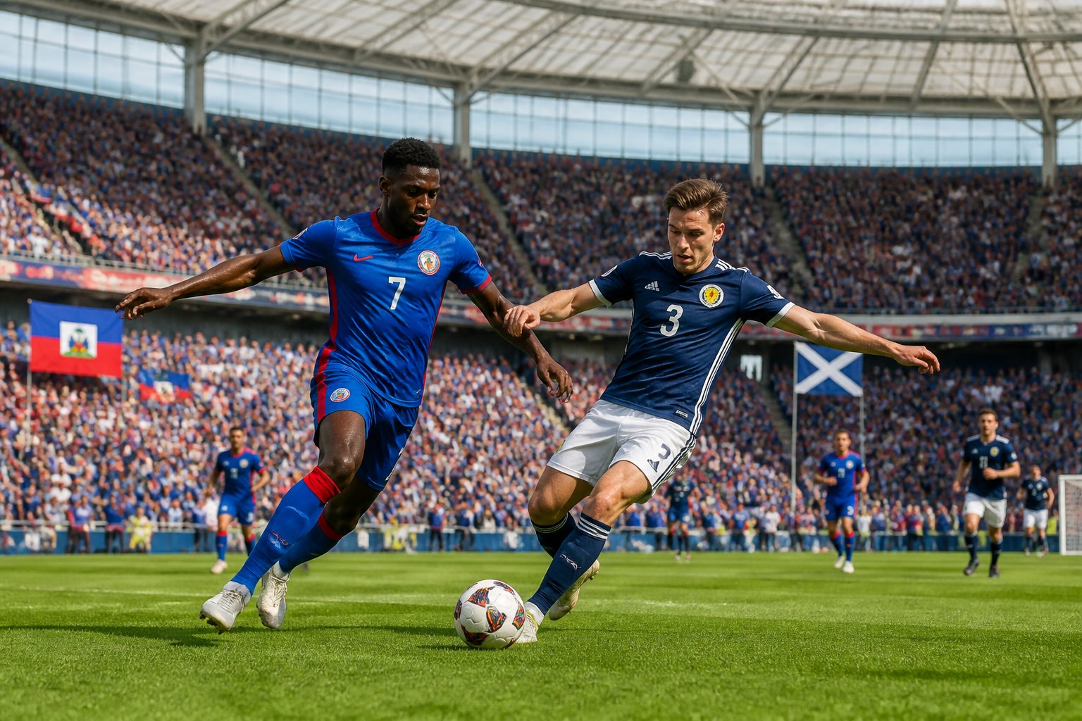 Haiti ve İskoçya arasında Dünya Kupası maçında, iki futbolcu yeşil sahada mücadele ediyor, tribünler dolu ve taraftarlar takımlarının renklerini taşıyor.