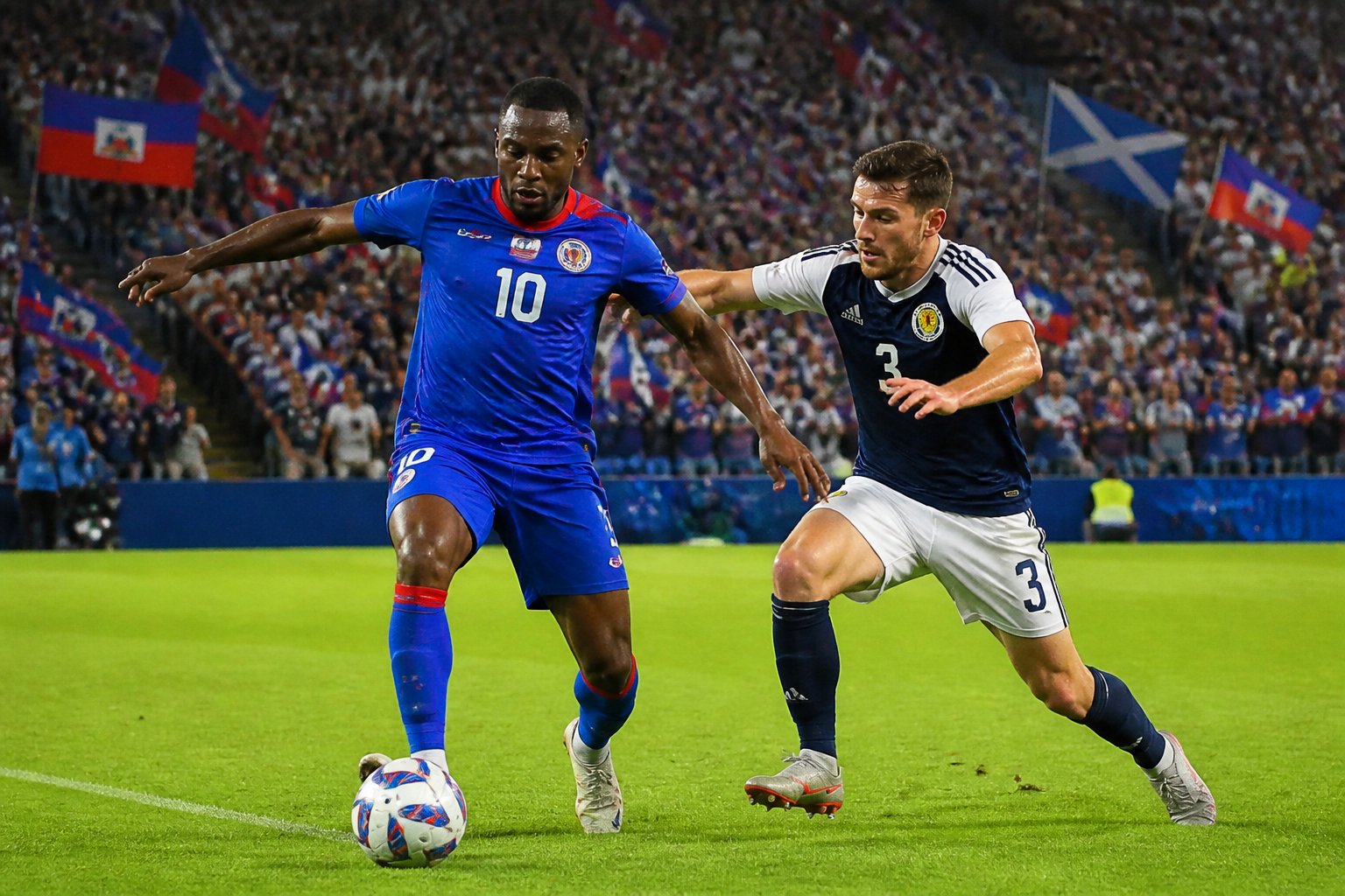 Haiti ve İskoçya takımlarından iki futbolcu, yeşil sahada top için mücadele ediyor.