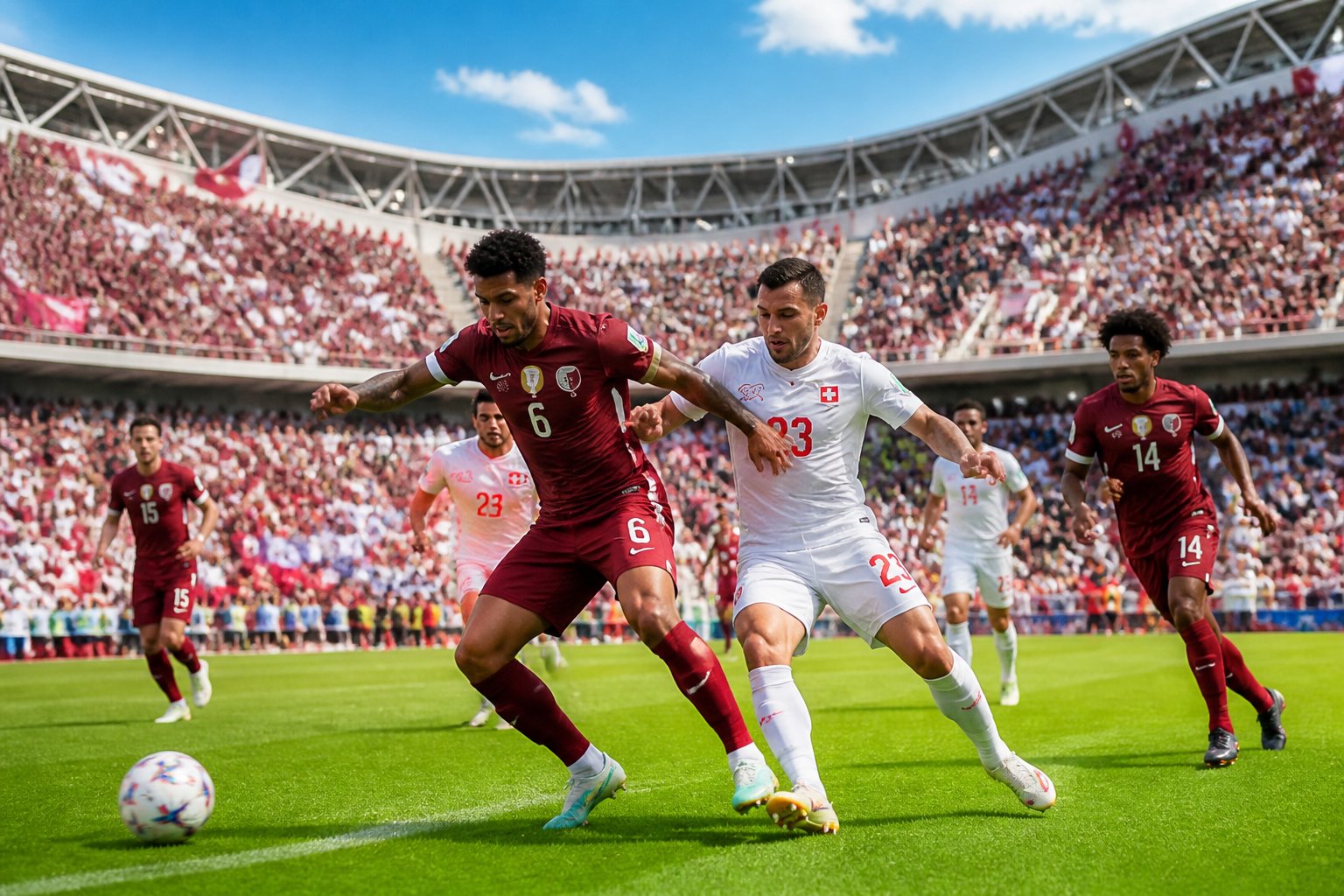 Katar ve İsviçre arasında bir Dünya Kupası futbol maçı sırasında oyuncular sahada mücadele ediyor, tribünler dolu ve seyirciler tezahürat yapıyor.