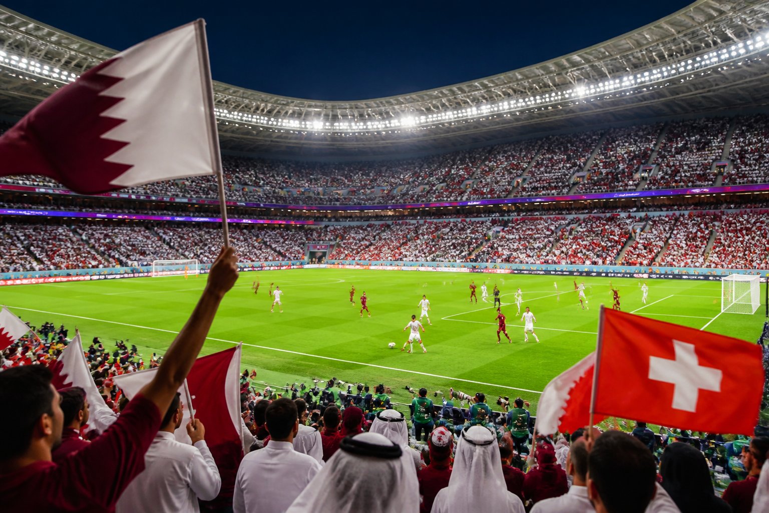 Katar ve İsviçre futbol takımlarının maç yaptığı, dolu tribünlü bir stadyumda futbolcuların sahada mücadele ettiği bir sahne.