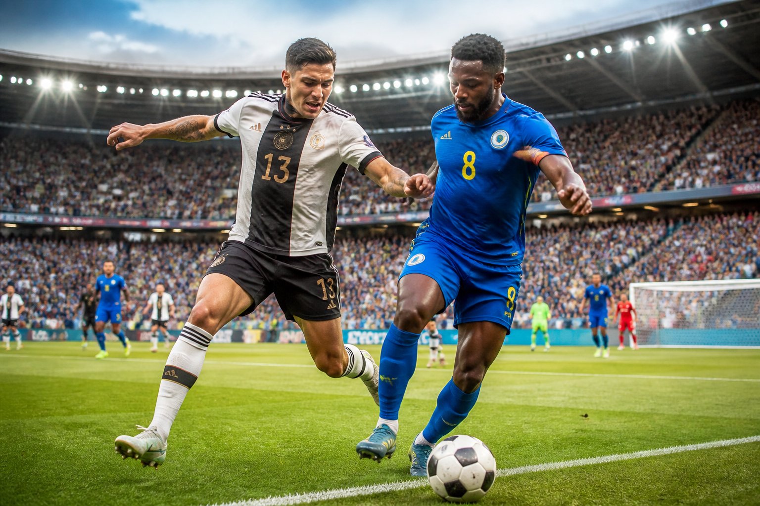 Almanya ve Curaçao takımları arasında yoğun bir futbol maçı, oyuncular top için mücadele ediyor, tribünler dolu ve heyecanlı taraftarlar var.