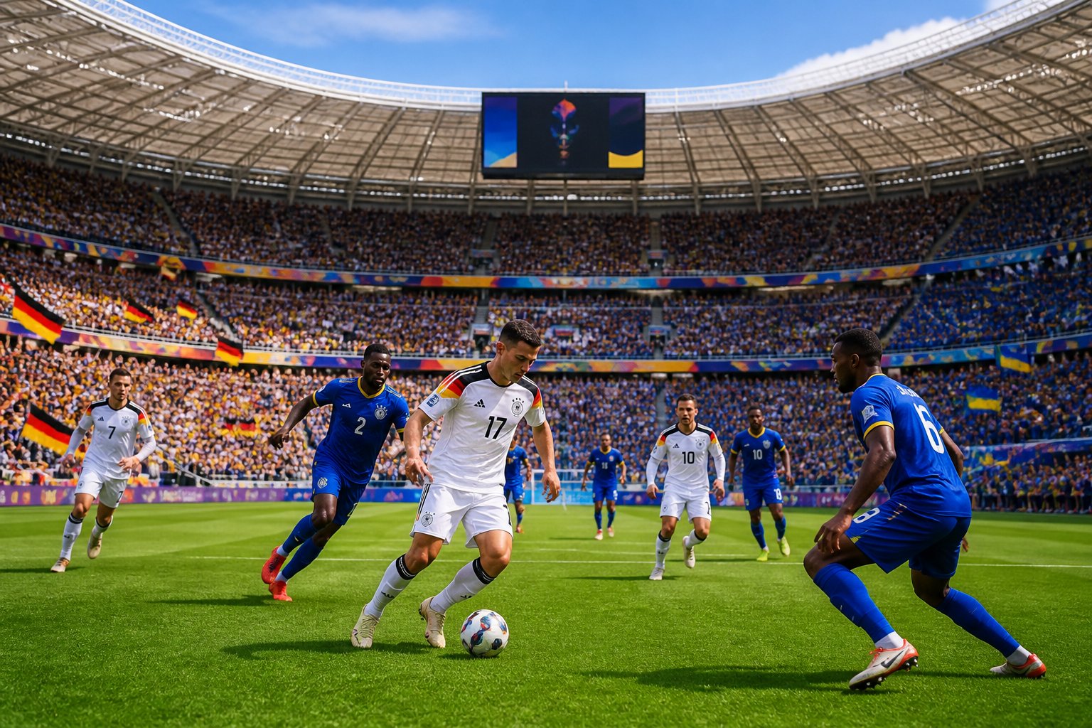 Almanya ve Curaçao futbol takımlarının Dünya Kupası maçında sahada mücadele ettiği, tribünlerin dolu olduğu bir stadyum görüntüsü.