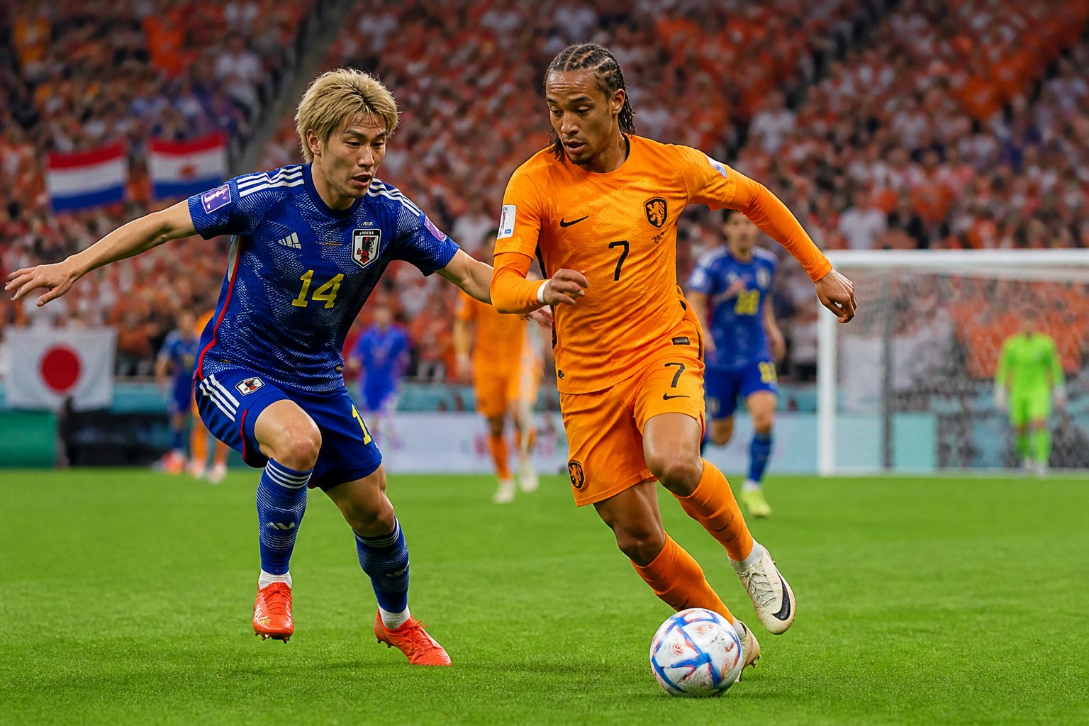 Hollanda ve Japonya takımlarının Dünya Kupası maçında sahada mücadele ettiği, dolu tribünler önünde geçen bir futbol karşılaşması.
