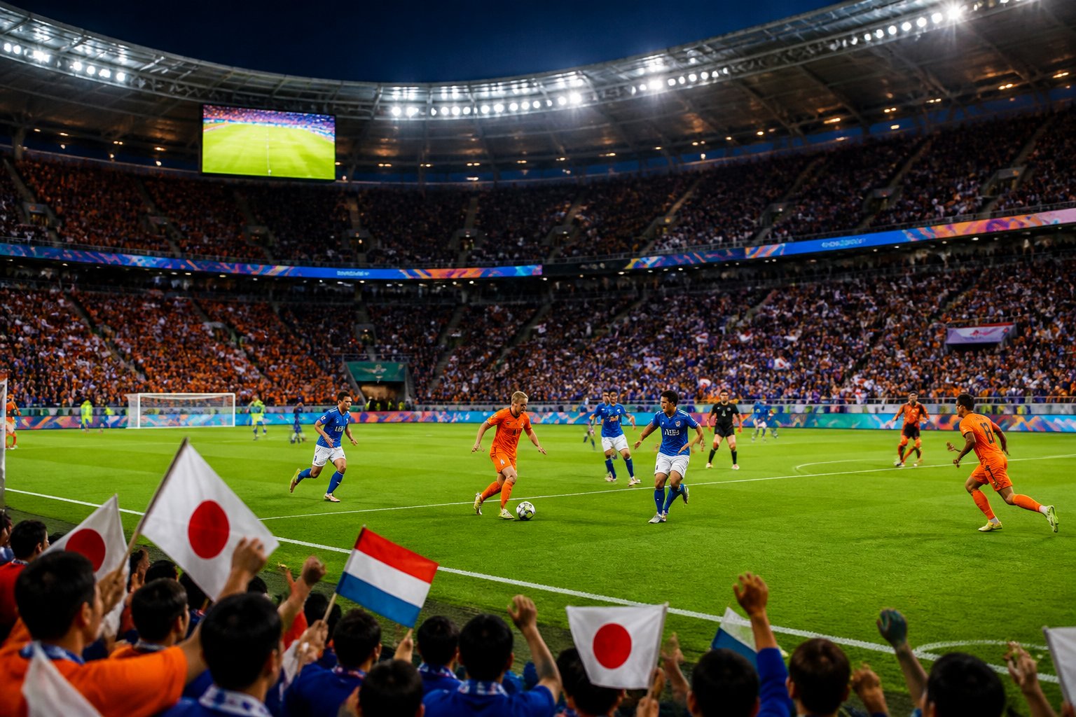 Hollanda ve Japonya milli takımlarının maç yaptığı, dolu bir stadyumda oynanan futbol karşılaşması.