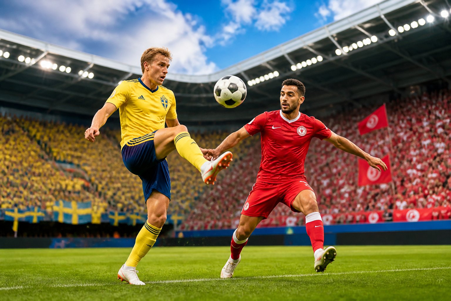 İsveç ve Tunus milli takımları arasında geçen bir Dünya Kupası maçında iki futbolcu top için mücadele ediyor.