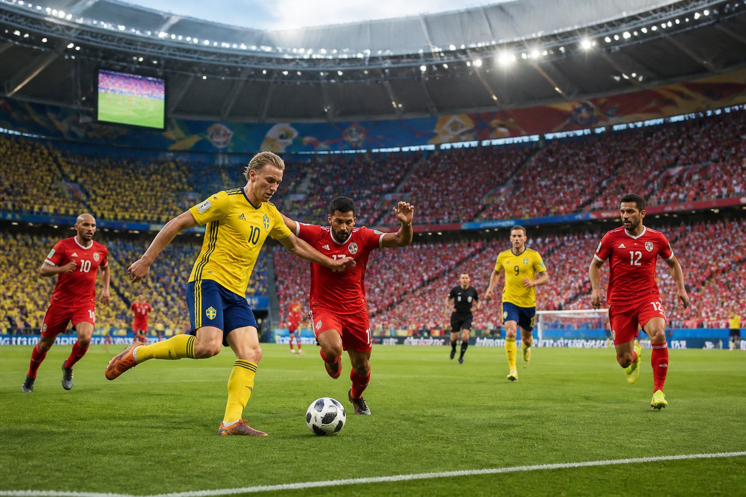 İsveç ve Tunus milli takımları arasında oynanan Dünya Kupası maçında, dolu tribünler önünde sahada mücadele eden futbolcular.
